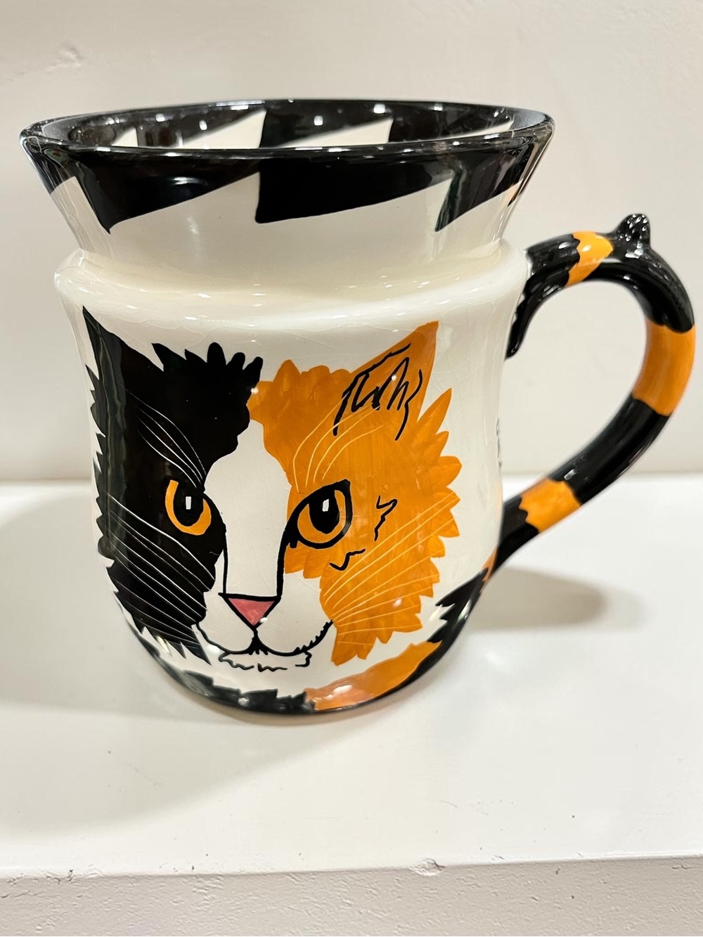 CAT by Nina Lyman painted mug Calico Cat ceramic tail handle